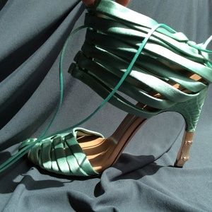 GUCCI satin seafoam croc rose gold bamboo heels